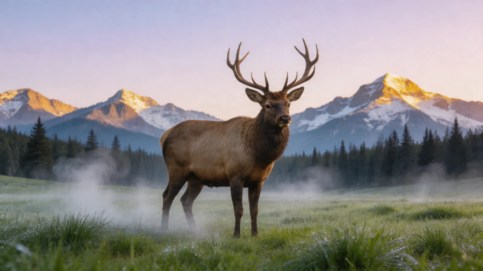 Bull elk in an alpine meadow at dawn with Rocky Mountain peaks in the background