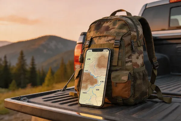 Phone showing hunting mapping app overlooking ridge