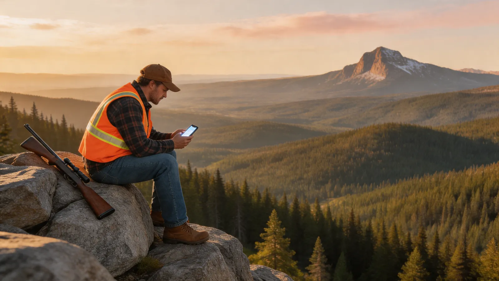 Hunter checking mapping app on phone overlooking a Colorado ridge with elk country in the background
