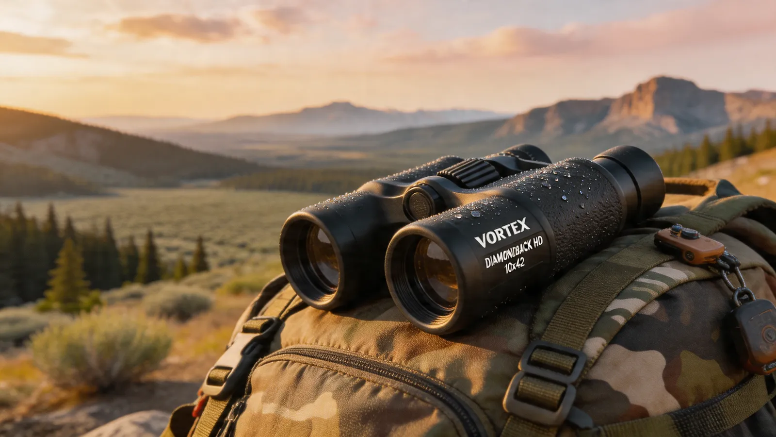 Vortex Diamondback HD 10x42 binoculars resting on a hunting backpack at sunrise overlooking a Colorado valley